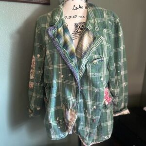 Magnolia Pearl Green Plaid Blazer with Floral Accents